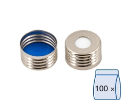 Magnetische Schraubkappen N 18-L, silber Loch, Silikon wei&szlig;/PTFE blau, H&auml;rte: 45&deg; shore A, Septendicke: 1,5 mm, VE=100