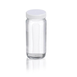 WHEATON-Rundflaschen 250 ml Natronkalkglas klar, wei&szlig;e PP Kappe 58-400 und PTFE Liner, VE=24